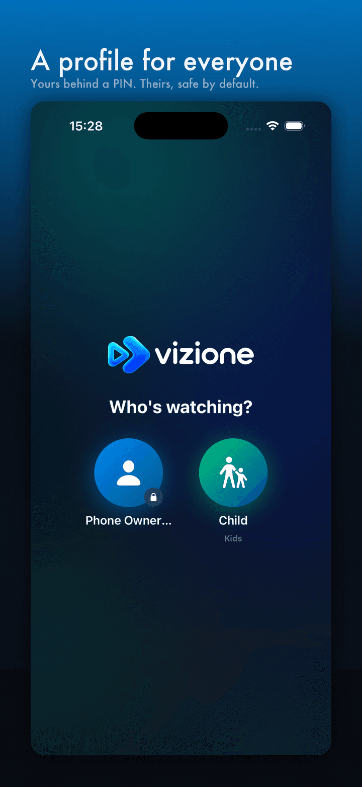 Vizione profile picker showing an adult profile and a restricted profile