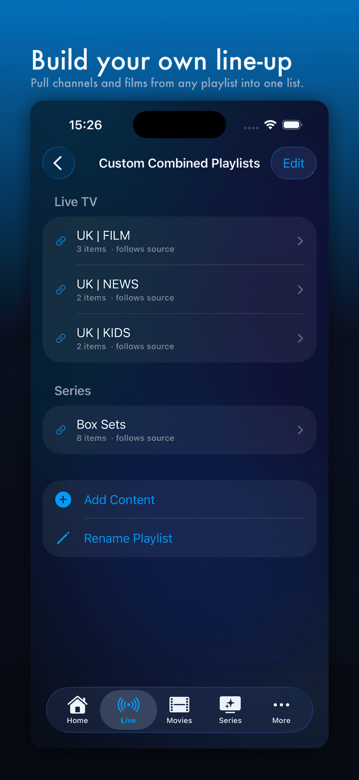 Vizione collections screen combining items from more than one playlist